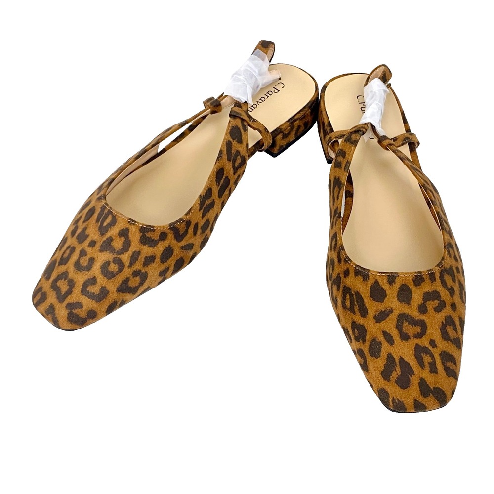 NWB C. Paravano Slingback Flats Shoes Womens 39.5 / 8.5 Leopard Square Toe Mint!